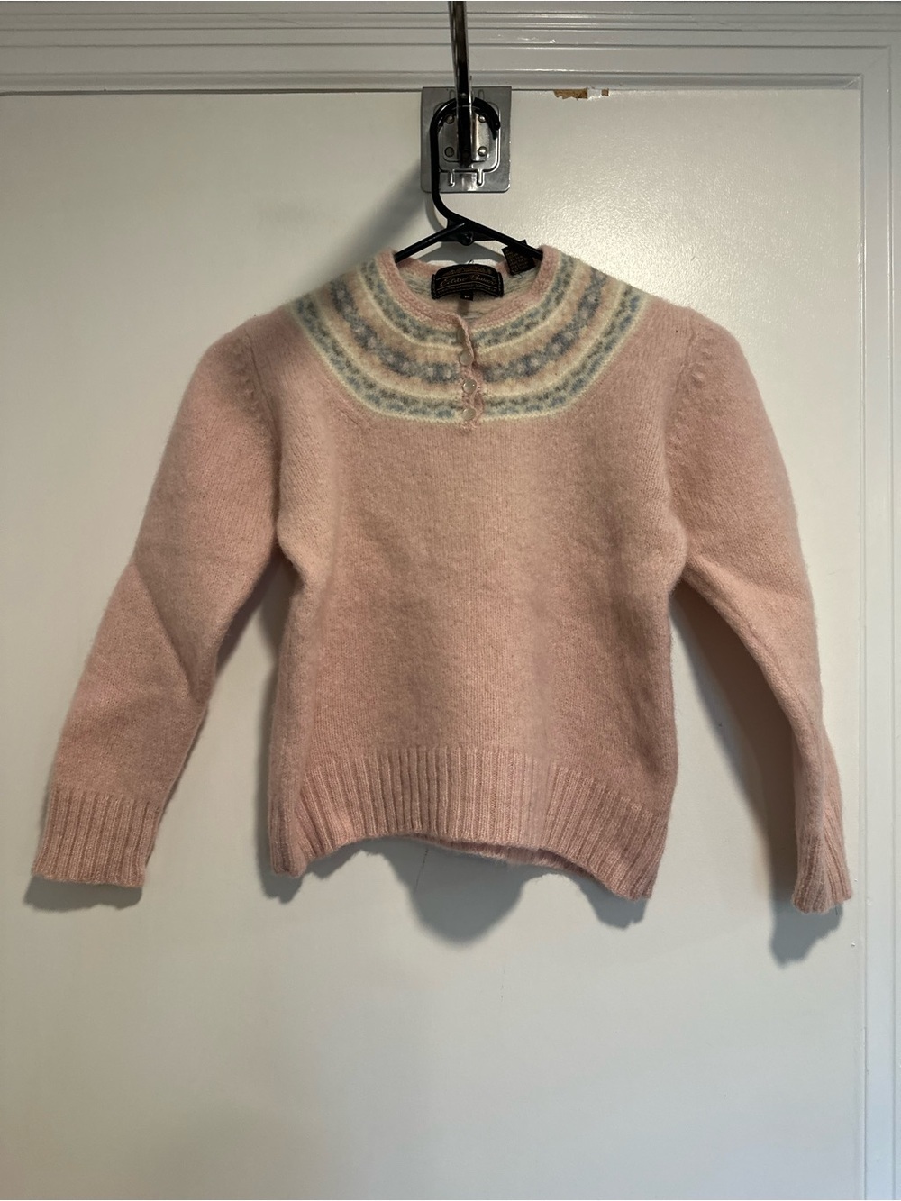 VTG Eddie Bauer pastel pink Fair Isle Sz:M 100% shetland wool pullover sweater.
